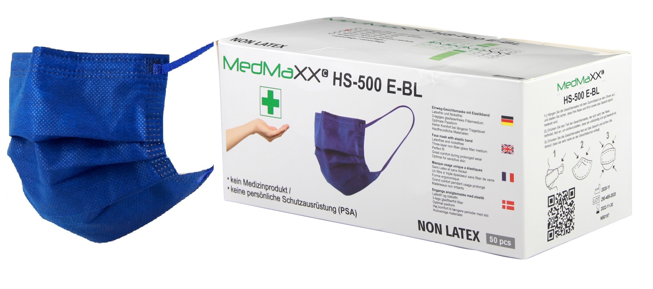 Miniaturansicht 4  - MedMaXX HS-500E 3-lagige OP Maske Gesichtsmasken Mundschutz farbig 50 Stück