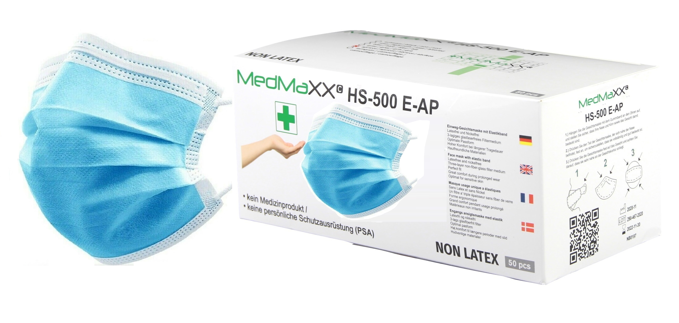 Miniaturansicht 8  - MedMaXX HS-500E 3-lagige OP Maske Gesichtsmasken Mundschutz farbig 50 Stück