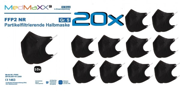 20x MedMaXX FFP2 NR Maske Größe S, auch für Kinder geeignet, SCHWARZ