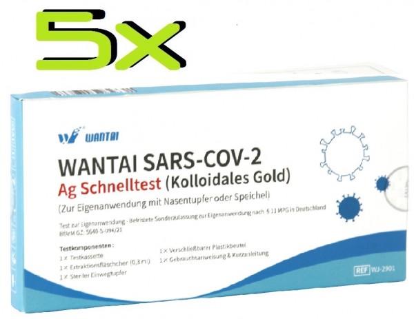 5x Wantai® SARS-COV2 Laien Antigen-Schnelltest Lutsch-Speichel oder Nasal ideal für die Schule