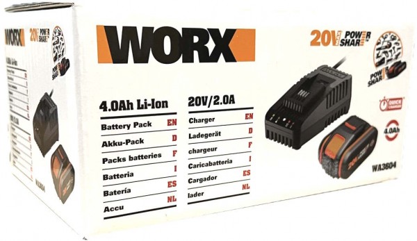 WORX WA3604 Akku mit Ladegerät Set 4.0 Ah Li-Ion 20V Max
