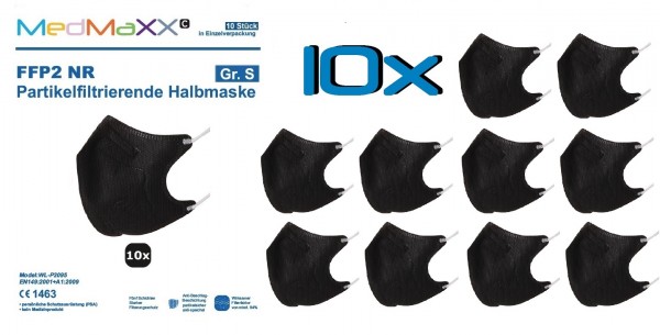 10x MedMaXX FFP2 NR Maske Größe S, auch für Kinder geeignet, SCHWARZ