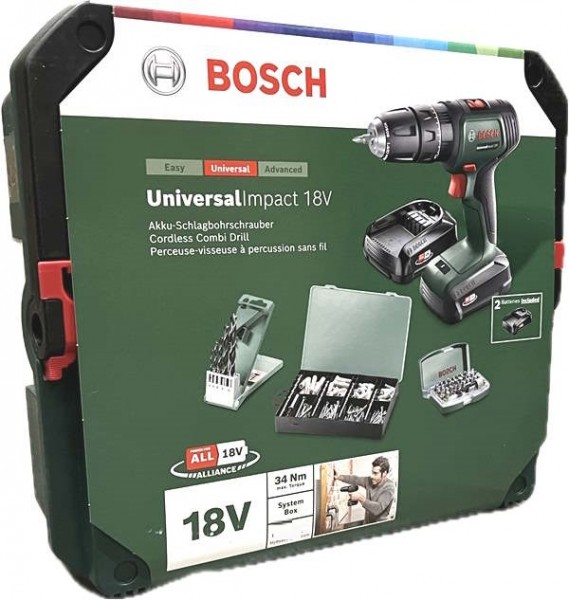 Bosch UniversalImpact 18V Akku-Schlagbohrschrauber, 2x Akkus, 210 Teile Zubehör